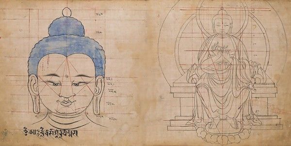 dessin d'une tête de Bouddha et du futur Bouddha Maitreya